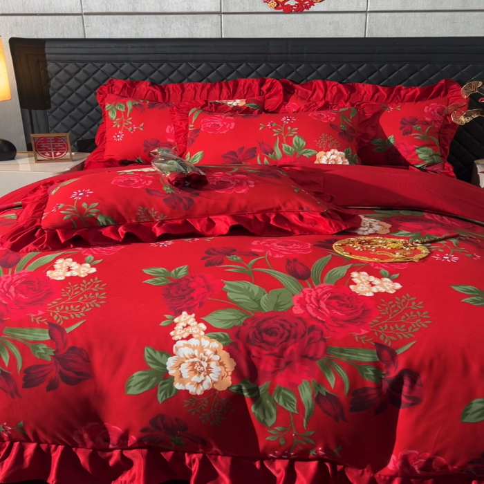 91家纺网 家纺一手货源 找家纺 卓缦2025新款亲肤棉韩版印花花边婚庆四件套 欢颜