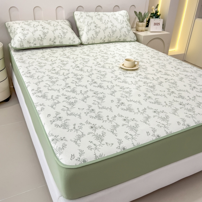 91家纺网 家纺一手货源 找家纺 2025年新款600D丝滑冰丝凉席-床笠款 连理枝绿