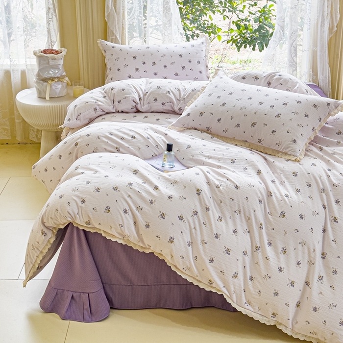 91家纺网 家纺一手货源 找家纺 可思家纺 2025新款法式皱皱纱四件套 铃兰紫