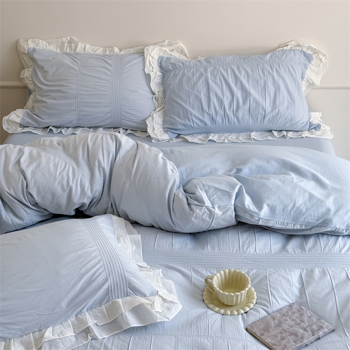 91家纺网 家纺一手货源 找家纺 尺素 2025纯棉双层花边韩式四件套全棉纯色ins风民宿被套纯色1.8床笠双人加大床单公主风床上用品 奶泡泡-也许雾蓝