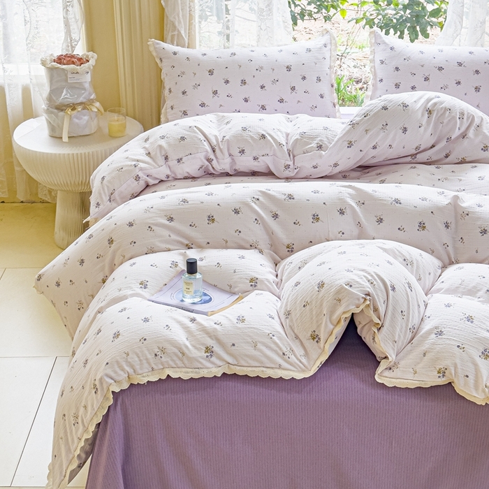 91家纺网 家纺一手货源 找家纺 可思家纺 2025新款法式皱皱纱四件套 铃兰紫