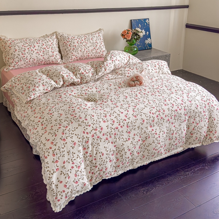 91家纺网 家纺一手货源 找家纺 可思家纺 2025新款法式皱皱纱四件套 桃夭