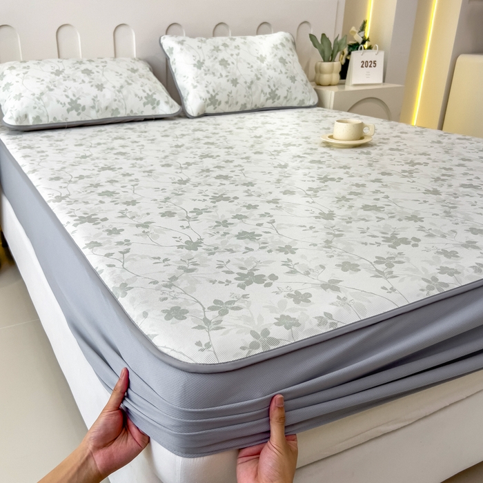 91家纺网 家纺一手货源 找家纺 2025年新款600D丝滑冰丝凉席-床笠款 花点点绿