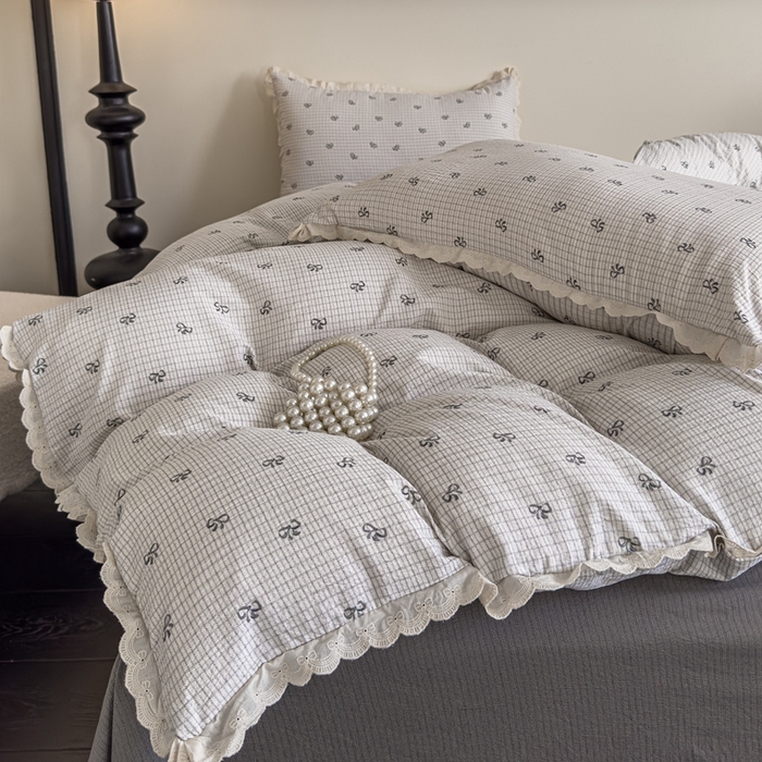 91家纺网 家纺一手货源 找家纺 可思家纺 2025新款法式皱皱纱四件套 甜心格子