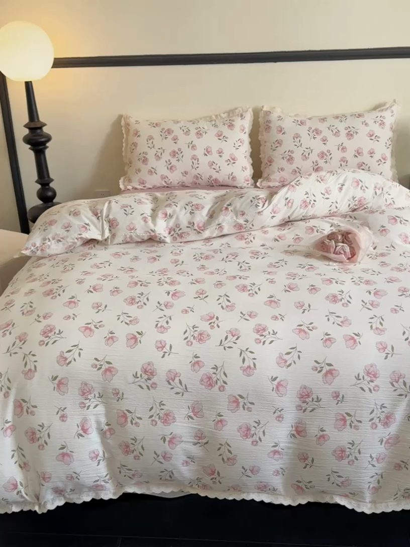 91家纺网 家纺一手货源 找家纺 可思家纺 2025新款法式皱皱纱四件套 粉佳人