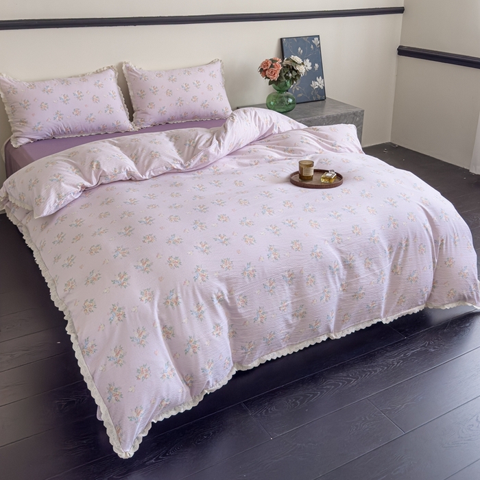 91家纺网 家纺一手货源 找家纺 可思家纺 2025新款法式皱皱纱四件套 紫薰