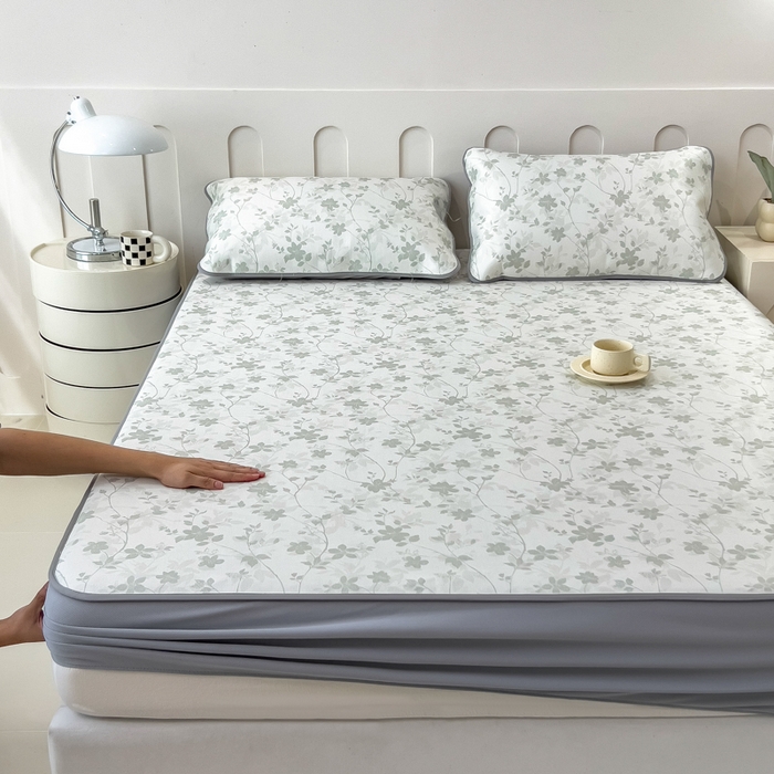 91家纺网 家纺一手货源 找家纺 2025年新款600D丝滑冰丝凉席-床笠款 花点点绿