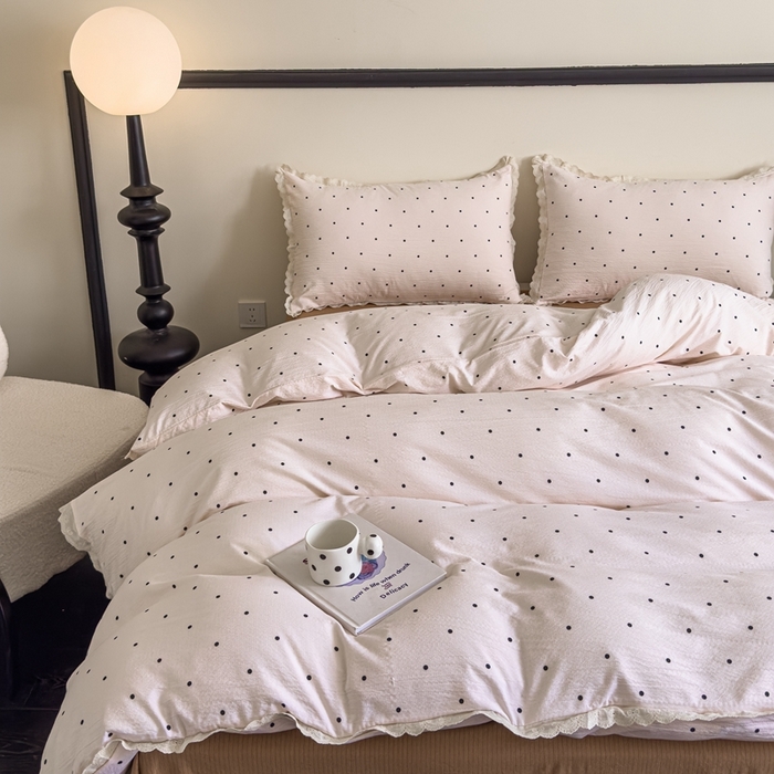 91家纺网 家纺一手货源 找家纺 可思家纺 2025新款法式皱皱纱四件套 奶茶波波