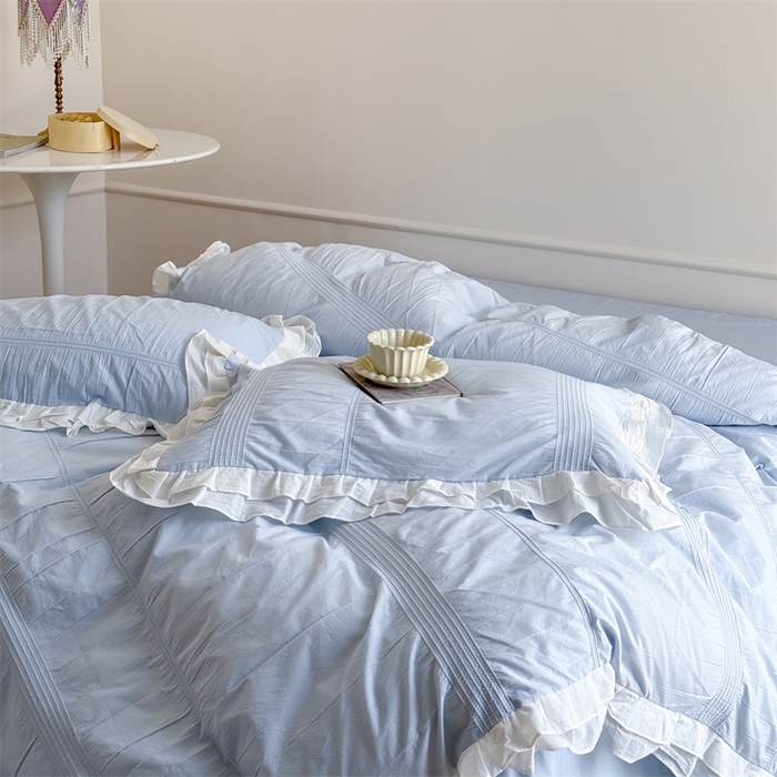 91家纺网 家纺一手货源 找家纺 尺素 2025纯棉双层花边韩式四件套全棉纯色ins风民宿被套纯色1.8床笠双人加大床单公主风床上用品 奶泡泡-也许雾蓝