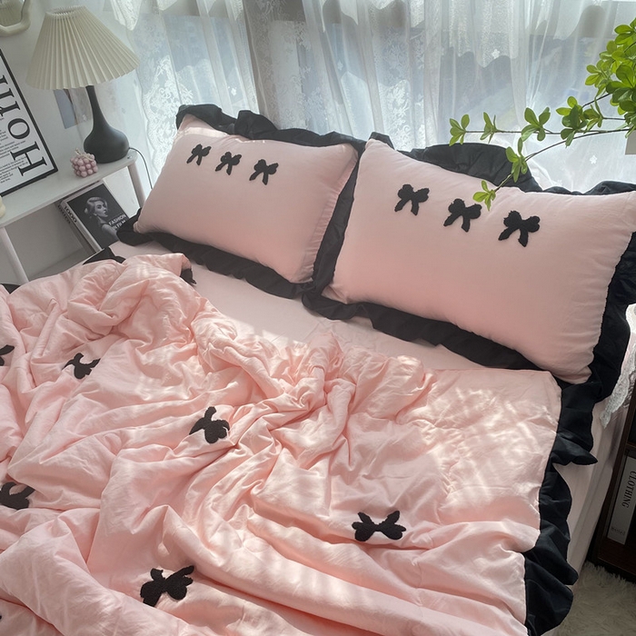 91家纺网 家纺一手货源 找家纺 2025新款毛巾绣单夏被夏被四件套 蝴蝶结 -粉