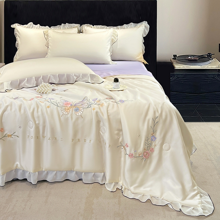 91家纺网 家纺一手货源 找家纺 梦舒羽 2025新款刺绣水洗真丝花边夏被四件套宿舍夏凉被床单枕套三件套-蝶梦花边款 蝶梦-紫 花边款