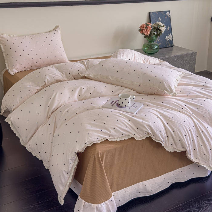 91家纺网 家纺一手货源 找家纺 可思家纺 2025新款法式皱皱纱四件套 奶茶波波