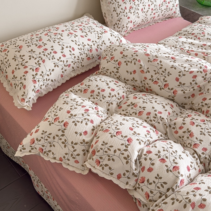 91家纺网 家纺一手货源 找家纺 可思家纺 2025新款法式皱皱纱四件套 桃夭