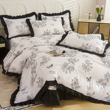铠畅家纺 2025新款有氧双层纱印花夹棉床盖四件套-终版 墨蝶幻梦