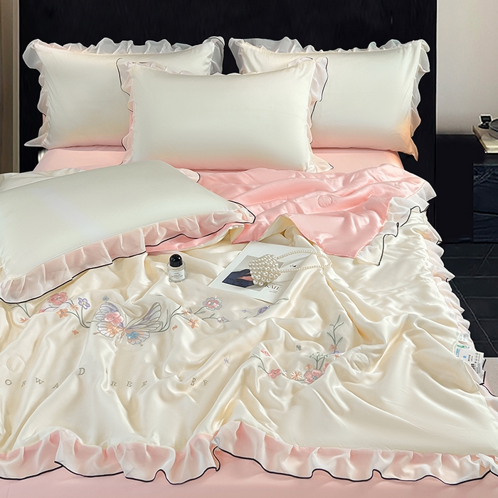 91家纺网 家纺一手货源 找家纺 梦舒羽 2025新款刺绣水洗真丝花边夏被四件套宿舍夏凉被床单枕套三件套-蝶梦花边款 蝶梦-粉 花边款