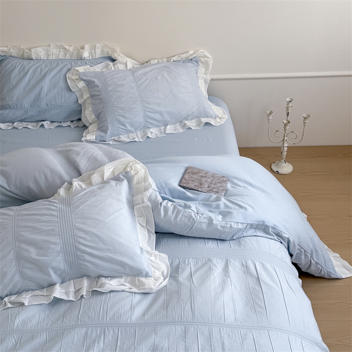 91家纺网 家纺一手货源 找家纺 尺素 2025纯棉双层花边韩式四件套全棉纯色ins风民宿被套纯色1.8床笠双人加大床单公主风床上用品 奶泡泡-也许雾蓝