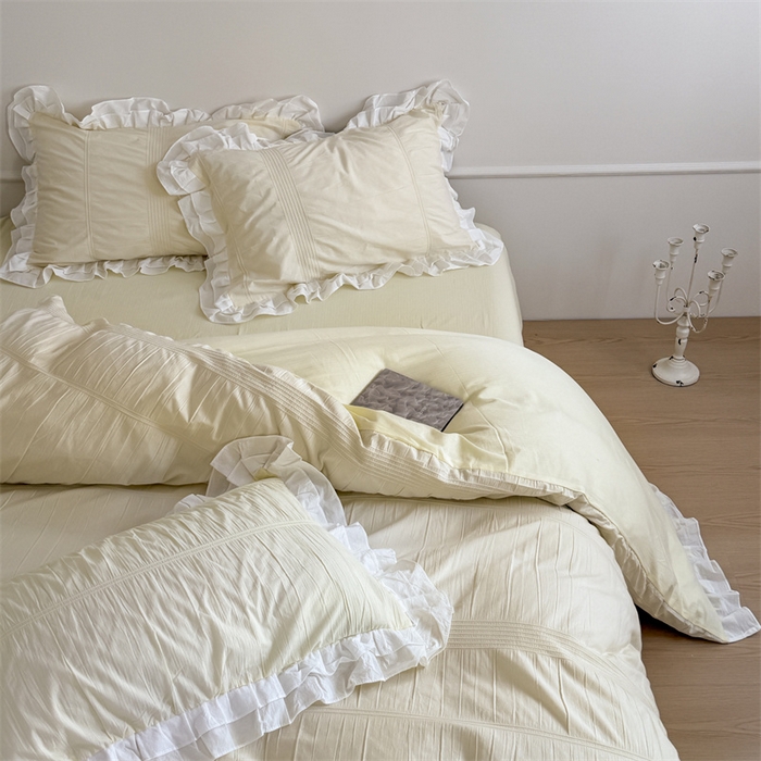 91家纺网 家纺一手货源 找家纺 尺素 2025纯棉双层花边韩式四件套全棉纯色ins风民宿被套纯色1.8床笠双人加大床单公主风床上用品 奶泡泡-芝芝软芙