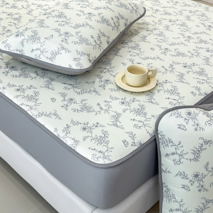 91家纺网 家纺一手货源 找家纺 2025年新款600D丝滑冰丝凉席-床笠款 连理枝蓝