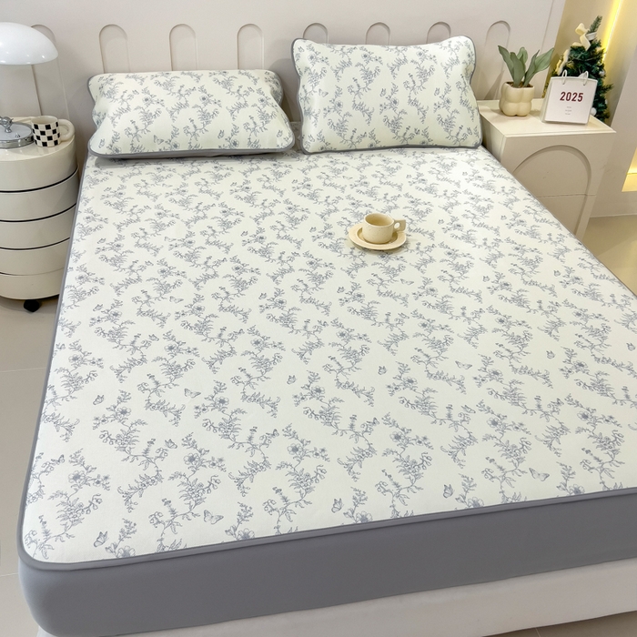 91家纺网 家纺一手货源 找家纺 2025年新款600D丝滑冰丝凉席-床笠款 连理枝蓝