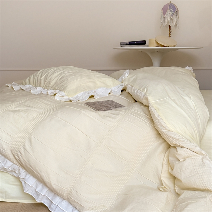 91家纺网 家纺一手货源 找家纺 尺素 2025纯棉双层花边韩式四件套全棉纯色ins风民宿被套纯色1.8床笠双人加大床单公主风床上用品 奶泡泡-芝芝软芙