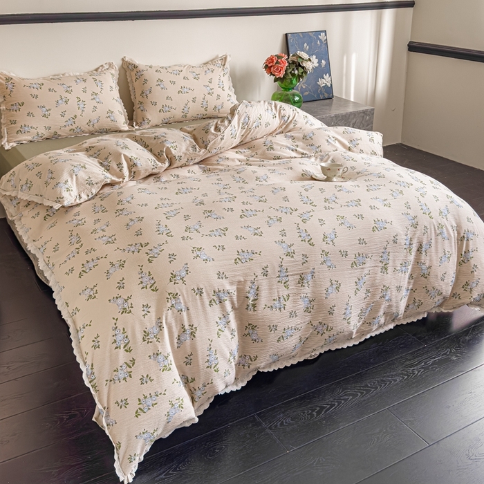 91家纺网 家纺一手货源 找家纺 可思家纺 2025新款法式皱皱纱四件套 夏栀