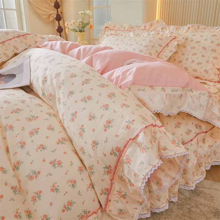 91家纺网 家纺一手货源 找家纺 缦彩 2025新款韩版纯棉床裙四件套 夕颜