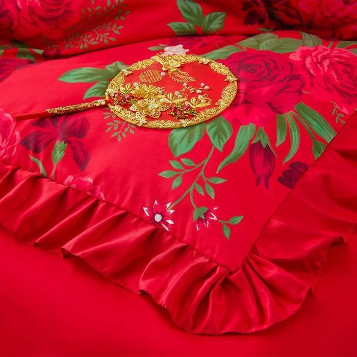 91家纺网 家纺一手货源 找家纺 卓缦2025新款亲肤棉韩版印花花边婚庆四件套 欢颜