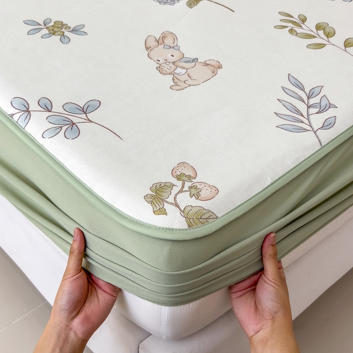 91家纺网 家纺一手货源 找家纺 2025年新款600D丝滑冰丝凉席-床笠款 蘑菇小兔