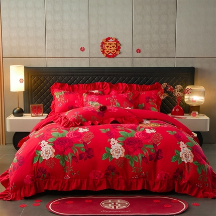 91家纺网 家纺一手货源 找家纺 （总）卓缦2025新款亲肤棉韩版婚庆印花花边婚庆四件套