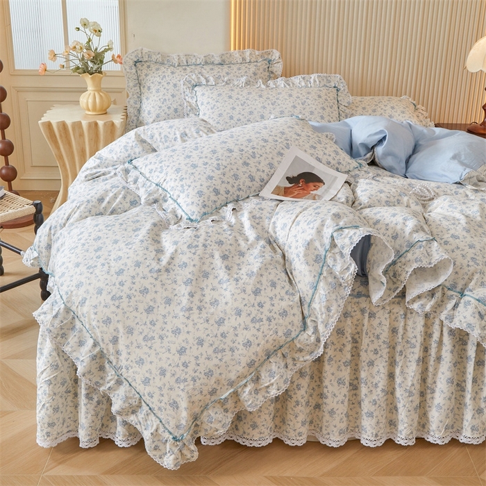 91家纺网 家纺一手货源 找家纺 缦彩 2025新款韩版纯棉床裙四件套 海韵花