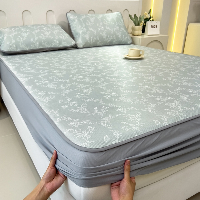 91家纺网 家纺一手货源 找家纺 2025年新款600D丝滑冰丝凉席-床笠款 连理枝白