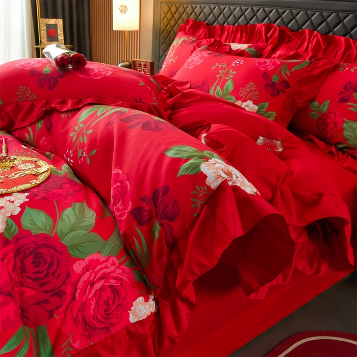 91家纺网 家纺一手货源 找家纺 卓缦2025新款亲肤棉韩版印花花边婚庆四件套 欢颜