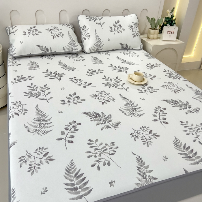 91家纺网 家纺一手货源 找家纺 2025年新款600D丝滑冰丝凉席-床笠款 素叶灰