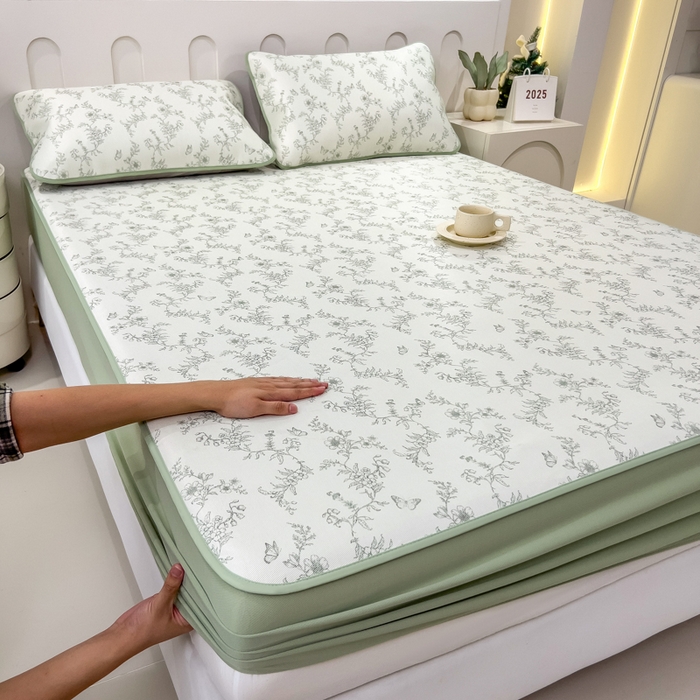 91家纺网 家纺一手货源 找家纺 2025年新款600D丝滑冰丝凉席-床笠款 连理枝绿