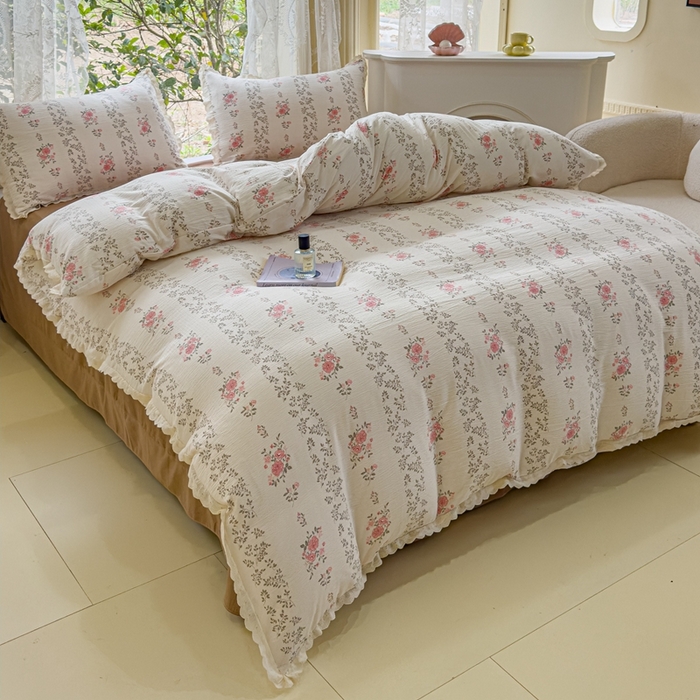 91家纺网 家纺一手货源 找家纺 可思家纺 2025新款法式皱皱纱四件套 赫拉花园米