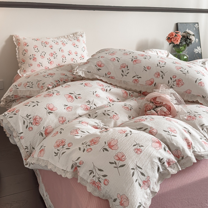 91家纺网 家纺一手货源 找家纺 可思家纺 2025新款法式皱皱纱四件套 粉佳人