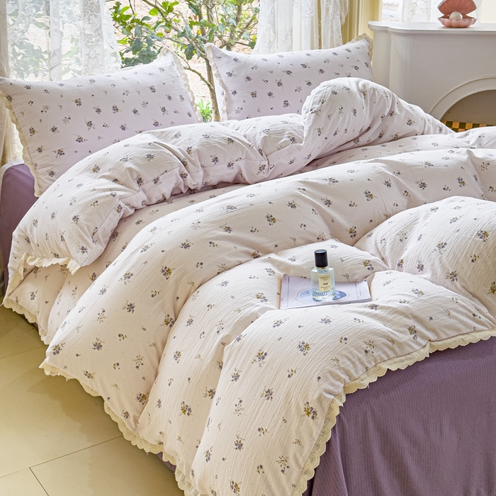 91家纺网 家纺一手货源 找家纺 可思家纺 2025新款法式皱皱纱四件套 铃兰紫