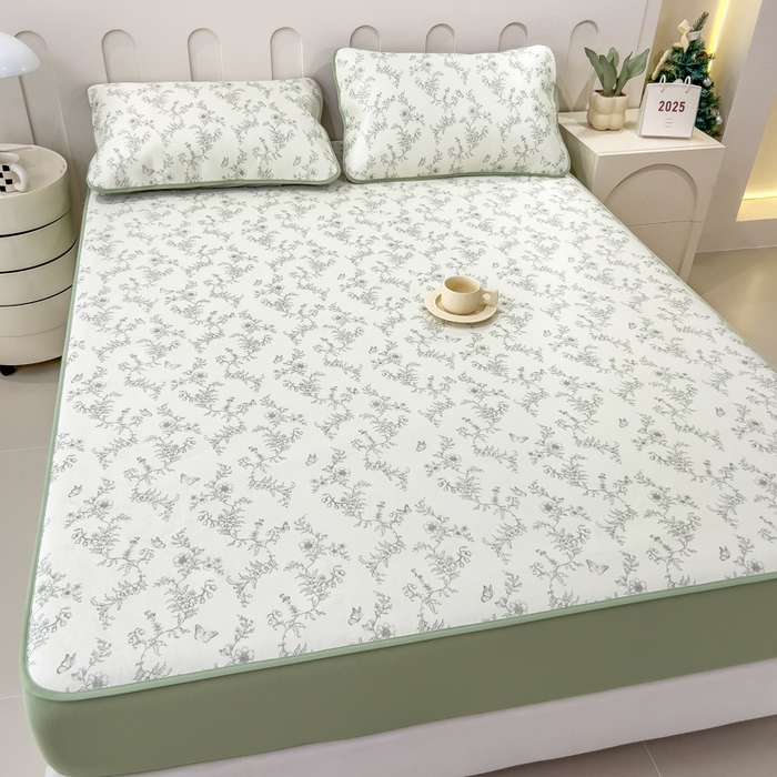 91家纺网 家纺一手货源 找家纺 2025年新款600D丝滑冰丝凉席-床笠款 连理枝绿