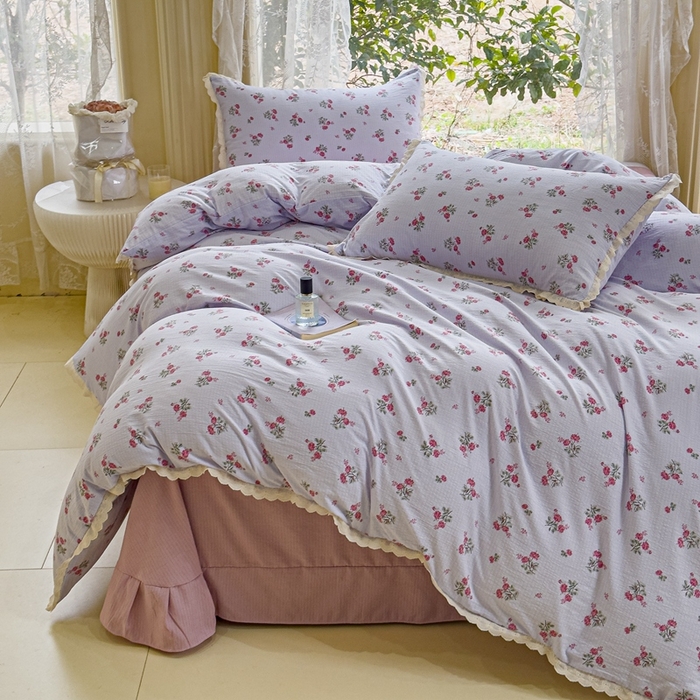 91家纺网 家纺一手货源 找家纺 可思家纺 2025新款法式皱皱纱四件套 紫雾玫瑰