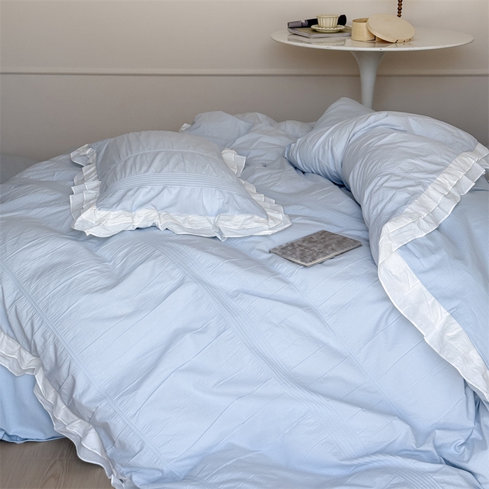 91家纺网 家纺一手货源 找家纺 尺素 2025纯棉双层花边韩式四件套全棉纯色ins风民宿被套纯色1.8床笠双人加大床单公主风床上用品 奶泡泡-也许雾蓝