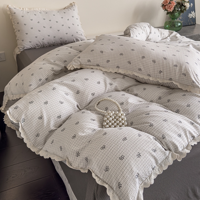 91家纺网 家纺一手货源 找家纺 可思家纺 2025新款法式皱皱纱四件套 甜心格子