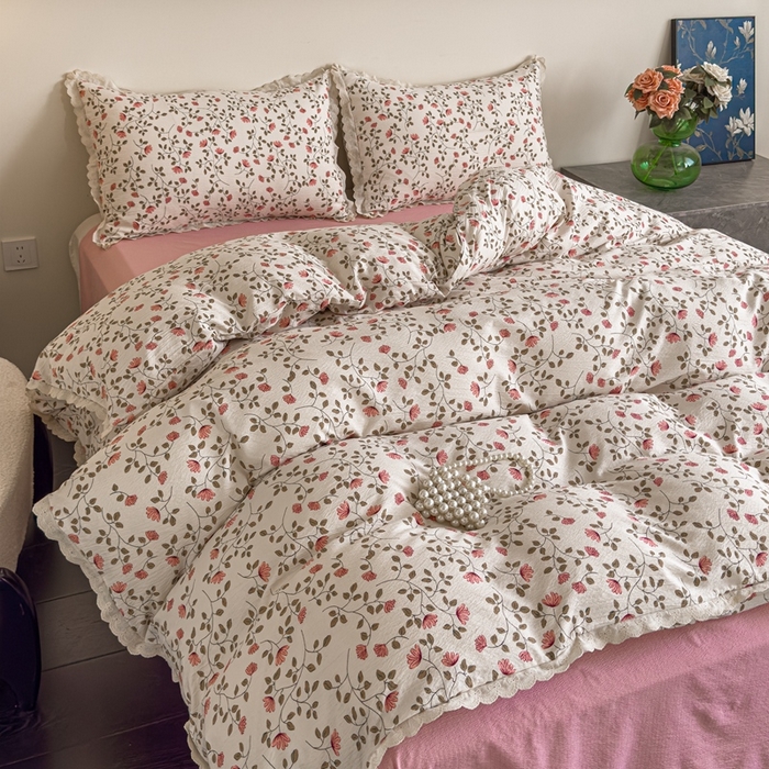 91家纺网 家纺一手货源 找家纺 可思家纺 2025新款法式皱皱纱四件套 桃夭