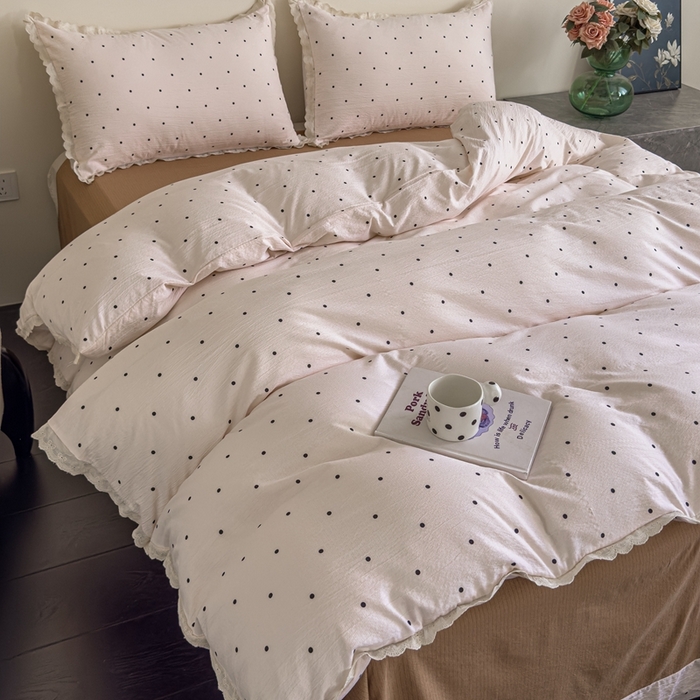 91家纺网 家纺一手货源 找家纺 可思家纺 2025新款法式皱皱纱四件套 奶茶波波