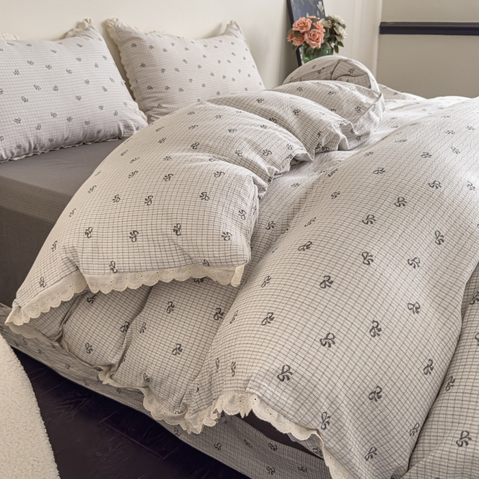 91家纺网 家纺一手货源 找家纺 可思家纺 2025新款法式皱皱纱四件套 甜心格子