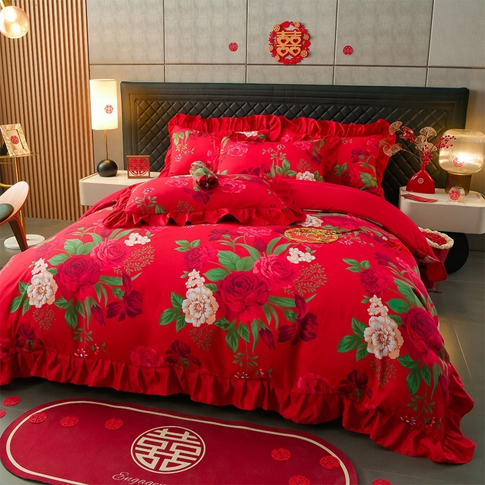 91家纺网 家纺一手货源 找家纺 卓缦2025新款亲肤棉韩版印花花边婚庆四件套 欢颜