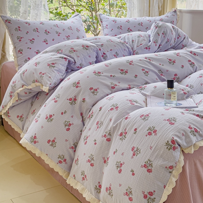 91家纺网 家纺一手货源 找家纺 可思家纺 2025新款法式皱皱纱四件套 紫雾玫瑰