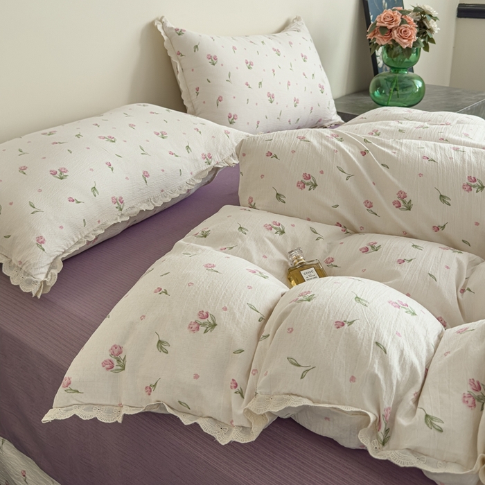 91家纺网 家纺一手货源 找家纺 可思家纺 2025新款法式皱皱纱四件套 小玫瑰