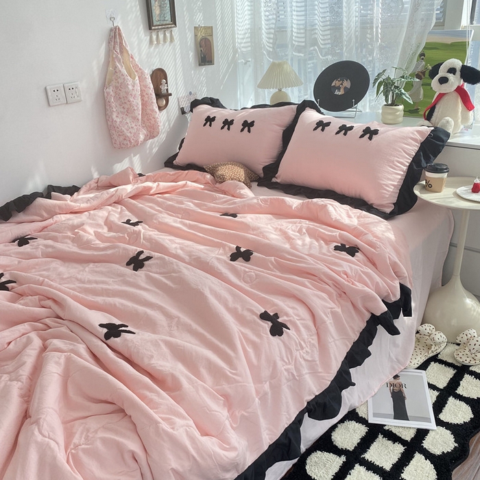 91家纺网 家纺一手货源 找家纺 2025新款毛巾绣单夏被夏被四件套 蝴蝶结 -粉