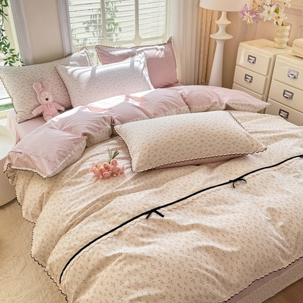 91家纺网 家纺一手货源 找家纺 （总）艾唯希2025新款全棉小香风工艺四件套纯棉小花边碎花被套韩式公主风