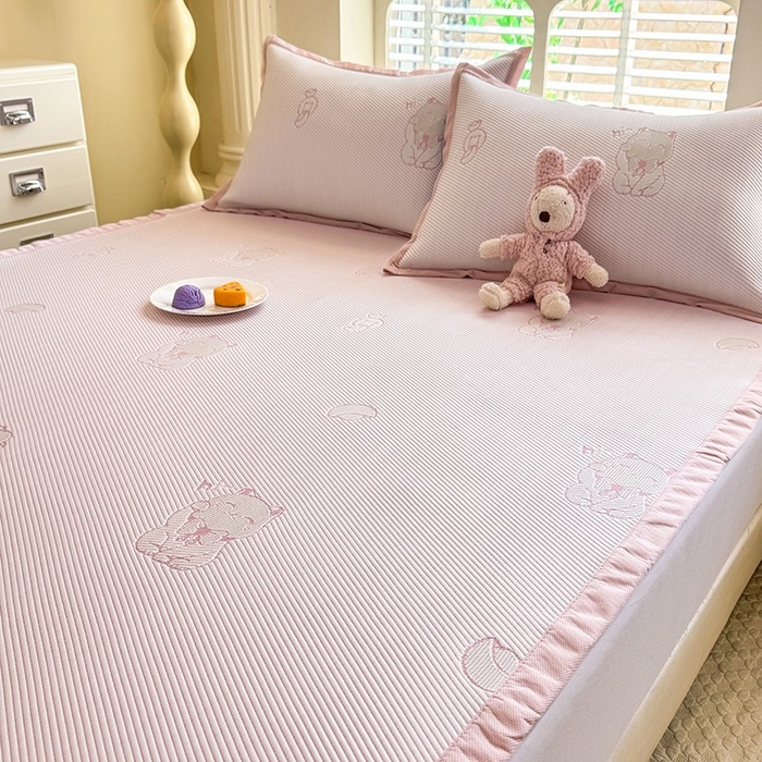 91家纺网 家纺一手货源 找家纺 绒世界 2025新款A类提花凉感豆豆复合凉席套件 提花豆豆-招财猫